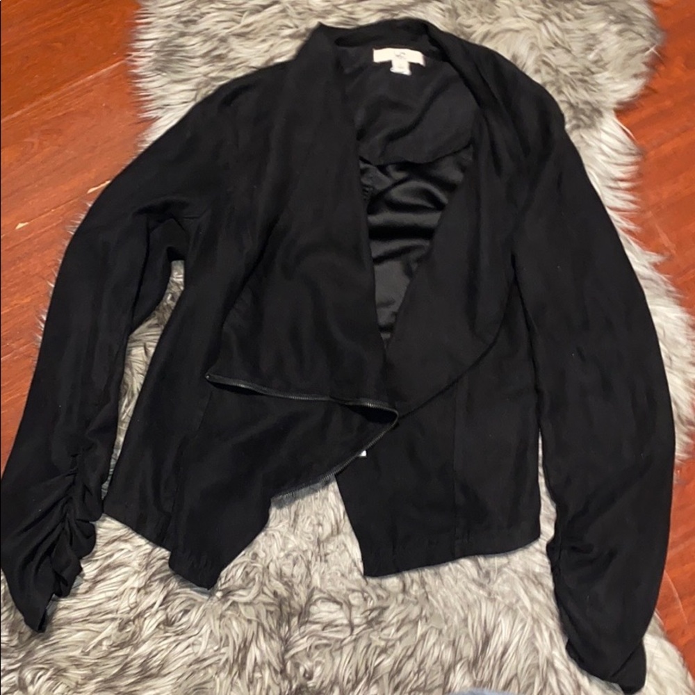 Black faux suede waterfall blazer